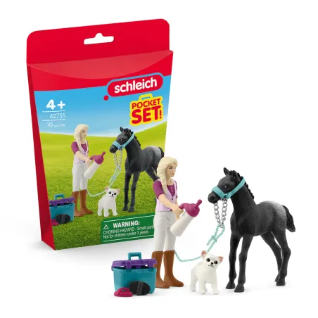 Set de cuidado para potros Schleich con figura de Sofia, potro, cachorro y accesorios de establo de juguete.