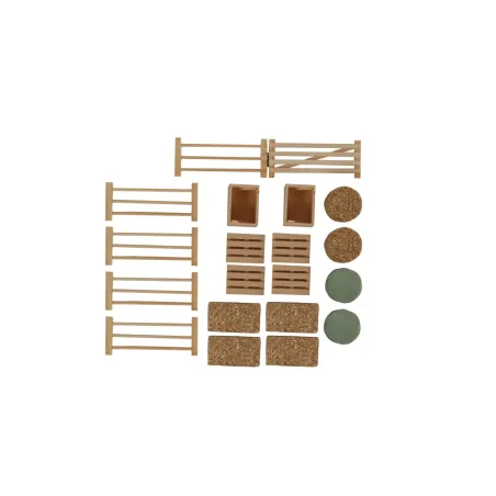 Set de 19 accesorios de granja a escala 1:32 con cercas, pacas de paja y palés para maquetas agrícolas.