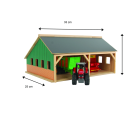 Hangar de madera a escala 1:50 para tractores de juguete con techo abatible.