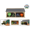 Hangar de madera a escala 1:50 para tractores de juguete con techo abatible.
