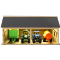 Hangar de madera a escala 1:50 para tractores de juguete con techo abatible.