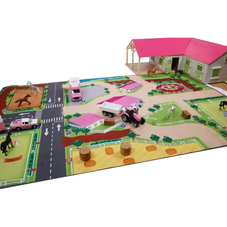 Alfombra infantil de juego granja escuela Kids Globe con caminos y campos para tractores y animales de juguete.