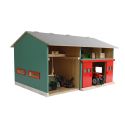 Taller de granja de madera a escala 1:32 con grúa puente funcional y techo abatible para tractores de juguete.