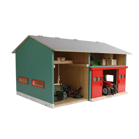 Taller de granja de madera a escala 1:32 con grúa puente funcional y techo abatible para tractores de juguete.