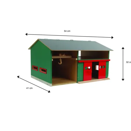 Taller de granja de madera a escala 1:32 con grúa puente funcional y techo abatible para tractores de juguete.