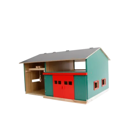 Taller de granja de madera a escala 1:32 con grúa puente funcional y techo abatible para tractores de juguete.