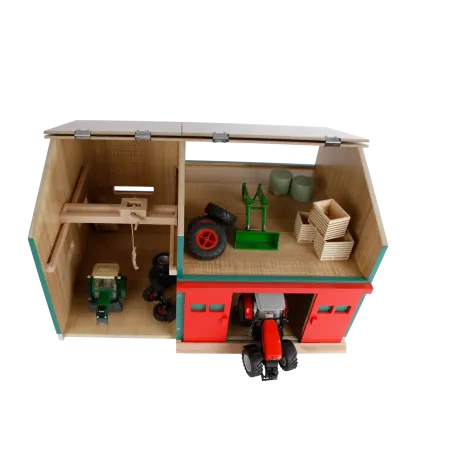 Taller de granja de madera a escala 1:32 con grúa puente funcional y techo abatible para tractores de juguete.