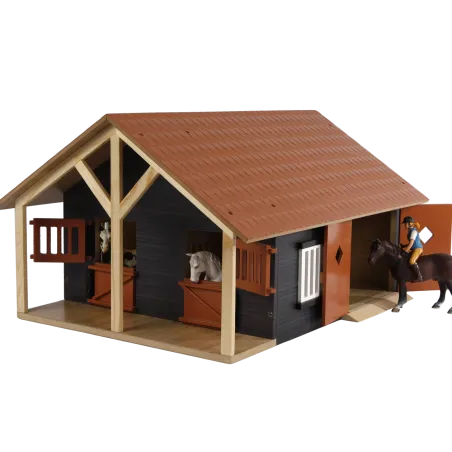 Establo de madera de juguete Kids Globe a escala 1:24 con dos compartimentos y techo abatible para caballos.