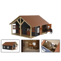Establo de madera de juguete Kids Globe a escala 1:24 con dos compartimentos y techo abatible para caballos.