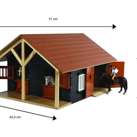 Establo de madera de juguete Kids Globe a escala 1:24 con dos compartimentos y techo abatible para caballos.