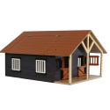 Establo de madera de juguete Kids Globe a escala 1:24 con dos compartimentos y techo abatible para caballos.
