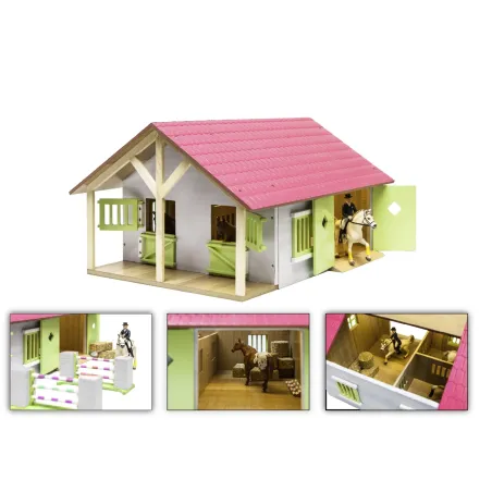 Establo de juguete de madera rosa con dos compartimentos y techo abatible a escala 1:24.