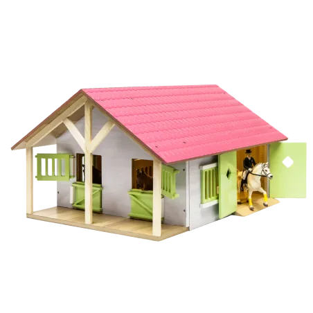 Establo de juguete de madera rosa con dos compartimentos y techo abatible a escala 1:24.