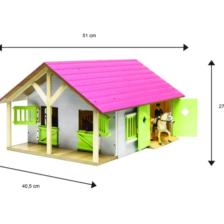 Establo de juguete de madera rosa con dos compartimentos y techo abatible a escala 1:24.