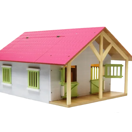 Establo de juguete de madera rosa con dos compartimentos y techo abatible a escala 1:24.