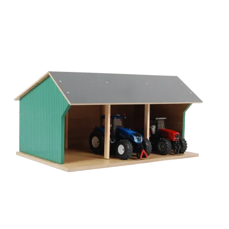 Cobertizo grande de madera de juguete para tractores infantiles con techo abatible.