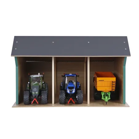 Cobertizo grande de madera de juguete para tractores infantiles con techo abatible.