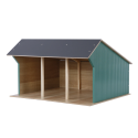 Cobertizo grande de madera de juguete para tractores infantiles con techo abatible.
