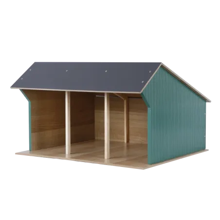 Cobertizo grande de madera de juguete para tractores infantiles con techo abatible.