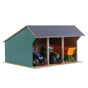 Cobertizo grande de madera de juguete para tractores infantiles con techo abatible.