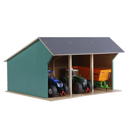 Cobertizo grande de madera de juguete para tractores infantiles con techo abatible.