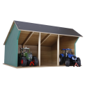 Cobertizo grande de madera de juguete para tractores infantiles con techo abatible.