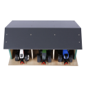Cobertizo grande de madera de juguete para tractores infantiles con techo abatible.