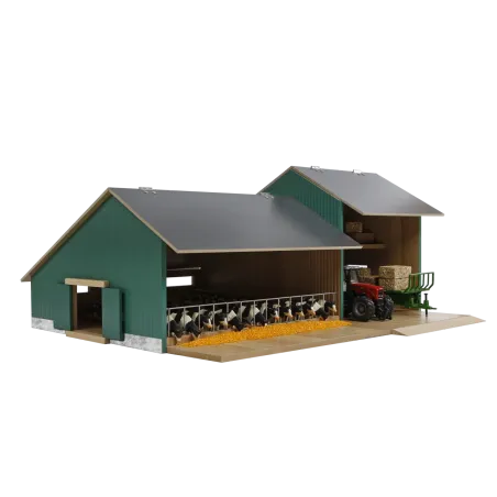 Establo de juguete de madera a escala 1:32 con cobertizo y zona de alimentación para niños.