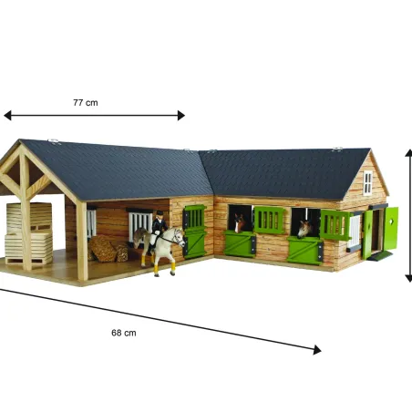 Establo de esquina de madera Kids Globe a escala 1:24 con 3 boxes para caballos de juguete Schleich.