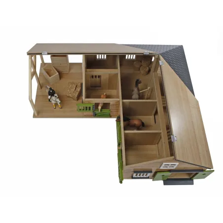 Establo de esquina de madera Kids Globe a escala 1:24 con 3 boxes para caballos de juguete Schleich.