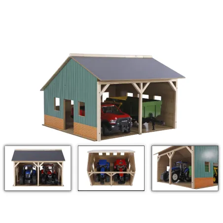 Hangar de juguete para dos tractores a escala 1:16 con acabado de piedra