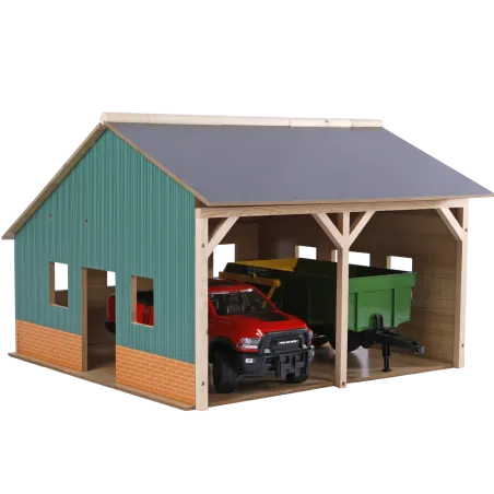 Hangar de juguete para dos tractores a escala 1:16 con acabado de piedra