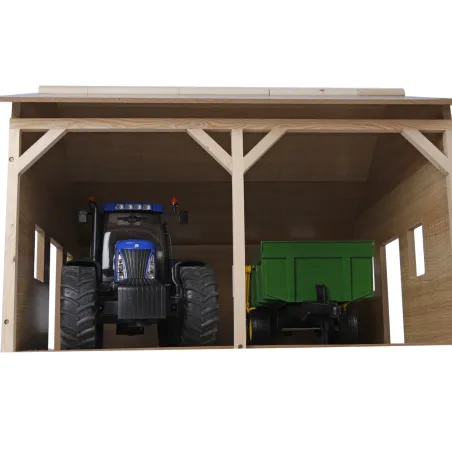 Hangar de juguete para dos tractores a escala 1:16 con acabado de piedra