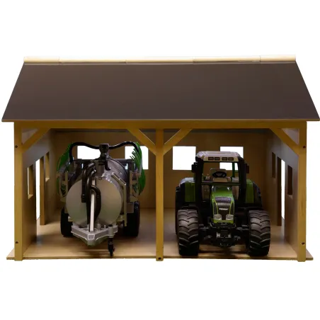 Hangar de juguete para dos tractores a escala 1:16 con acabado de piedra