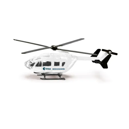 Helicóptero de juguete oficial de la ESA marca Siku en metal y plástico con rotores giratorios.