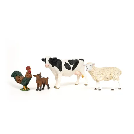 Set de iniciación Granja de Farm World con figuras de vaca Holstein, oveja, gallo y cabrito.