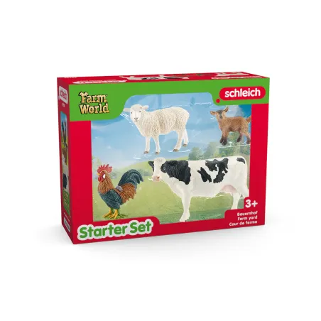Set de iniciación Granja de Farm World con figuras de vaca Holstein, oveja, gallo y cabrito de juguete.