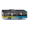 Autobús urbano de juguete Siku en miniatura de metal detallado con ruedas de deslizamiento suave.