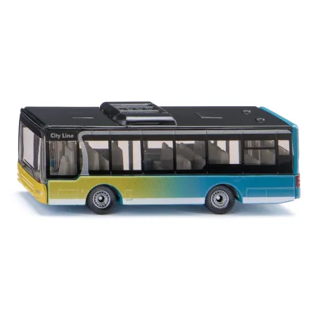Autobús urbano de juguete Siku en miniatura de metal detallado con ruedas de deslizamiento suave.