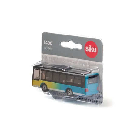 Autobús urbano de juguete Siku fabricado en metal detallado con ruedas de deslizamiento suave.
