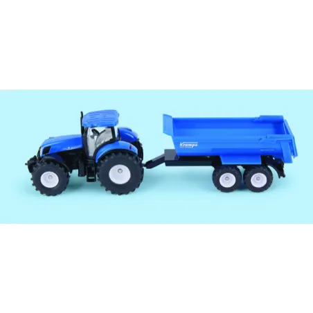 Tractor de juguete New Holland a escala 1:50 con remolque basculante Krampe de metal.