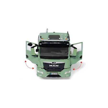 Camión a escala MAN TGS 18.510 4x4 verde de metal y plástico con cabina abatible
