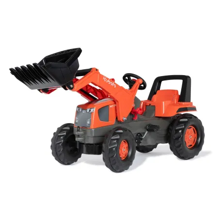 Tractor a pedales infantil rollyJunior Kubota con capó abatible y asiento ajustable para juego al aire libre.