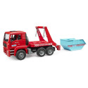 Camión de juguete MAN TGA Bruder escala 1:16 con contenedor basculante desmontable para construcción.