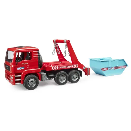 Camión de juguete MAN TGA Bruder escala 1:16 con contenedor basculante desmontable para construcción.