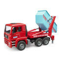 Camión de juguete MAN TGA Bruder escala 1:16 con contenedor basculante desmontable para construcción.