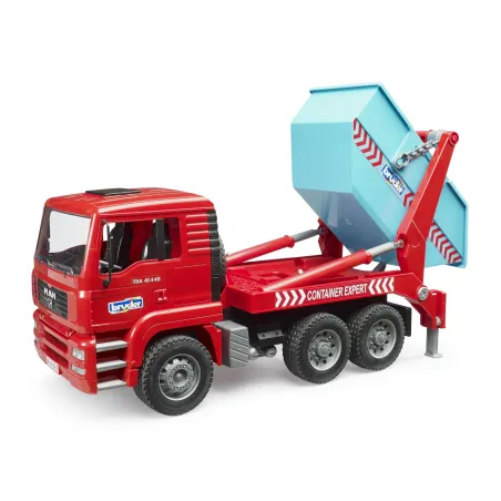 Camión de juguete MAN TGA Bruder escala 1:16 con contenedor basculante desmontable para construcción.