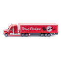 Camión navideño Freightliner rojo a escala 1:87 de SIKU con detalles cromados y motivos festivos.