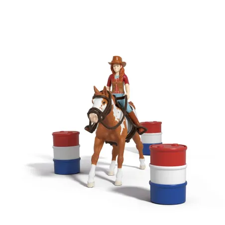 Set de juego Schleich La aventura en el oeste de Hannah con caballo Paint Horse y obstáculos de rodeo.