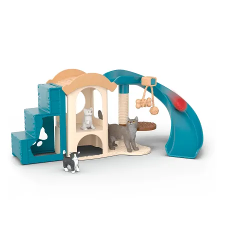 Parque de juegos interactivo para gatos de Schleich con rampa y tejado balancín.
